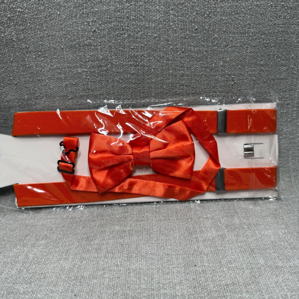 Orange Suspenders and Bow Tie Set Mens Boys Adjustable Elastic Y-Back Clip-On